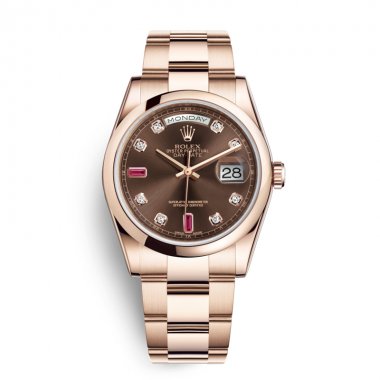 Đồng Hồ Rolex Day-Date 36 118205 Mặt Số Chocolate Nạm Đá Ruby Đỏ Dây Đeo Oyster